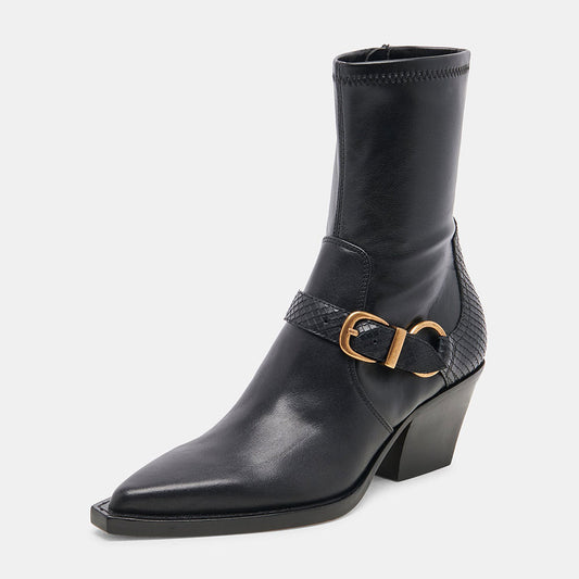 Black Pointed Toe Chunky Heel Buckled Snake Embossed Strap Ankle Boots