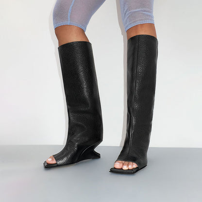 FSJ Black Open Square Toe Textured Wedge Heel Knee High Boots