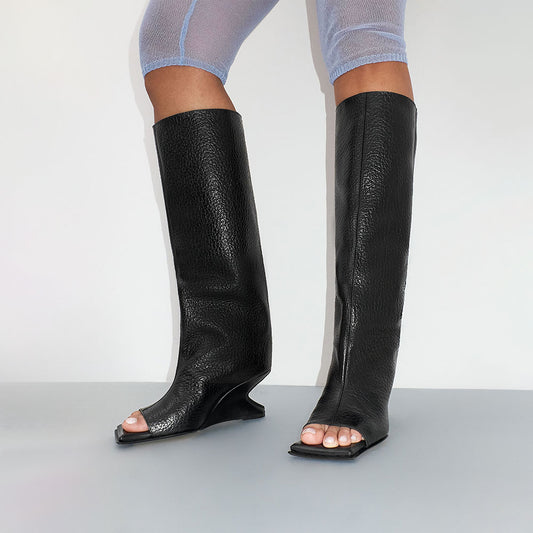 FSJ Black Open Square Toe Textured Wedge Heel Knee High Boots