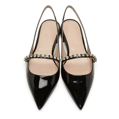 Black Pointed Toe Rhinestone Embellished Slingback Flats for Women