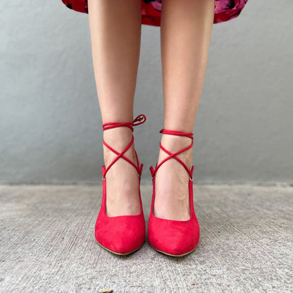 Women's Red Pointed Toe Wrapped Strappy Office Pumps Heels