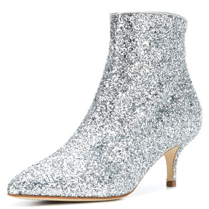 Women's Sparkly Pointed Toe Kitten Heel Glitter Ankle Boots in Silver