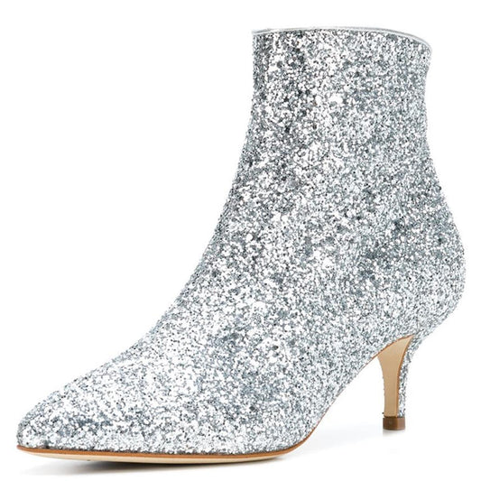 Women's Sparkly Pointed Toe Kitten Heel Glitter Ankle Boots in Silver