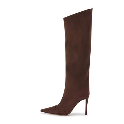 Brown Pointed Toe Stiletto Heel Knee High Boots with Side Zipper