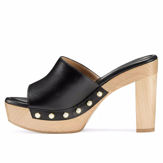 Women's Black Heeled Clogs Open Toe Pearl Decor Platform Mules