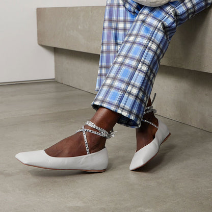 Elegant White Square Toe Rhinestone Strappy Bride Flats