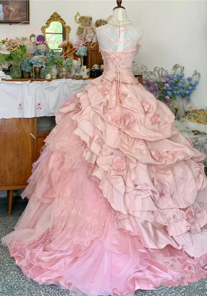 Elegant Pink 3D Flower Sweet 16 Quinceanera A-Line Floor-length Prom Dress Birthday Dress Evening Dress Ball Gown TP4421