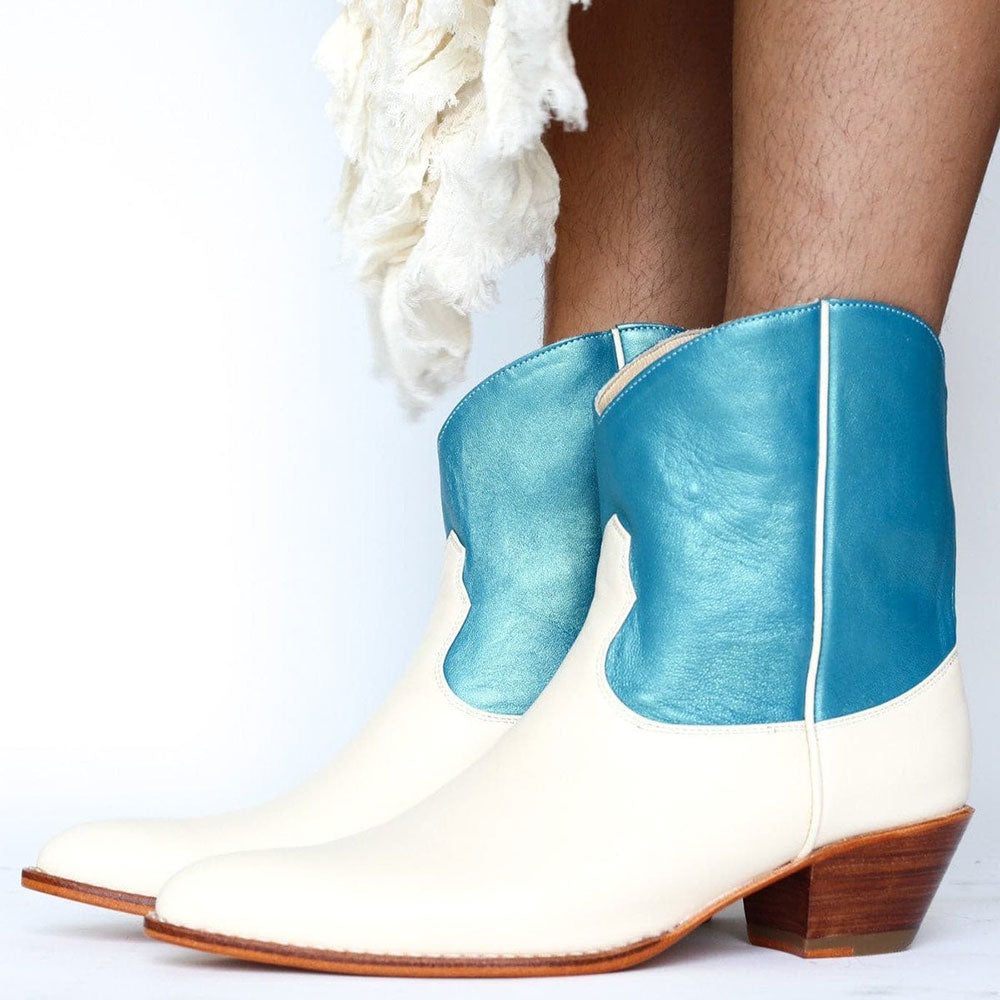 White & Blue Patchwork Pointed Toe Chunky Heel Cowgirl Ankle Boots