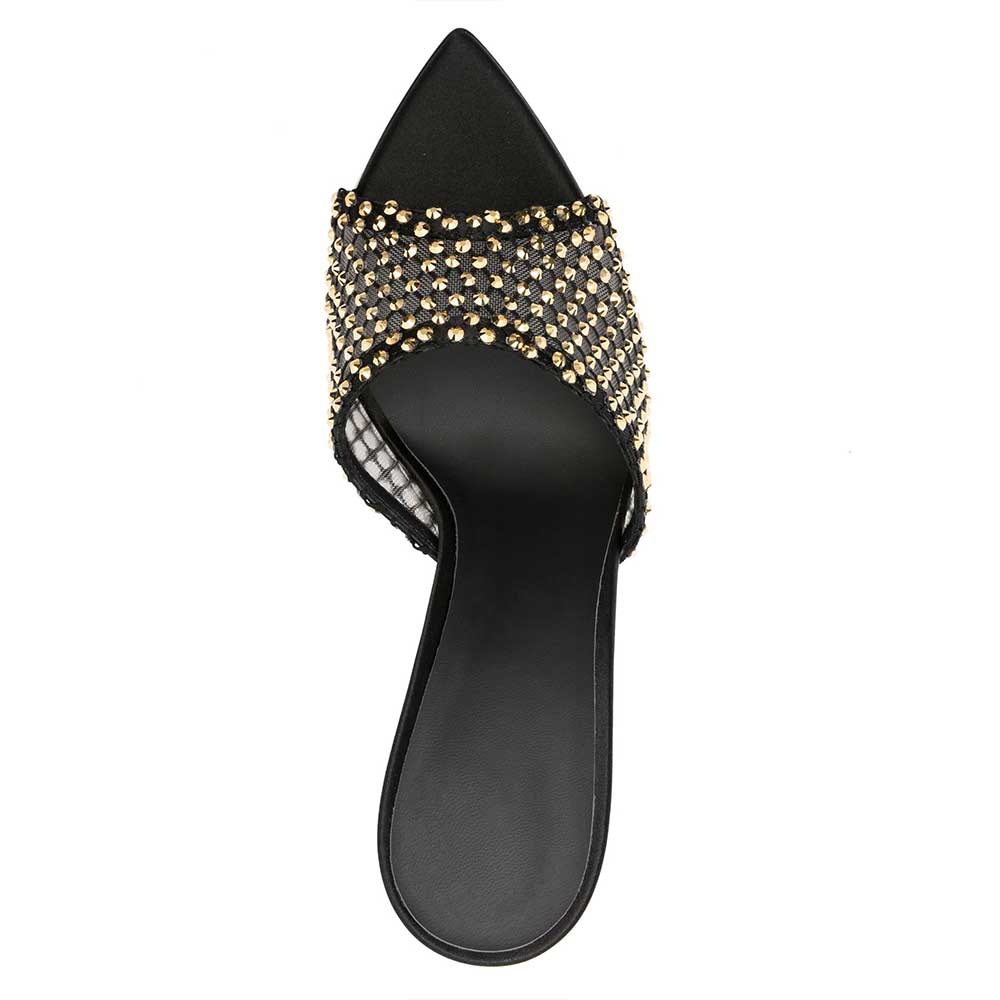 Black Mesh Pointy Toe Gold Rhinestone Inlay High Heel Mules