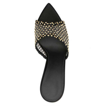 Black Mesh Pointy Toe Gold Rhinestone Inlay High Heel Mules