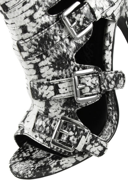 Black & White Python Peep Toe Cut-Out Buckle Heeled Ankle Boots