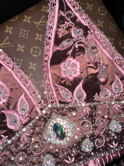 Glamorous Rose Pink Satin Pleated Halter Neck Beaded Embroidered Bodice Evening Gown TP5359