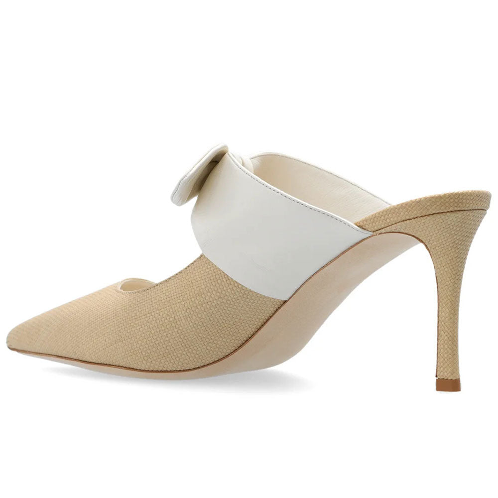 Beige & White Pointed Toe Stiletto Heel Woven Mules Shoes with Knot