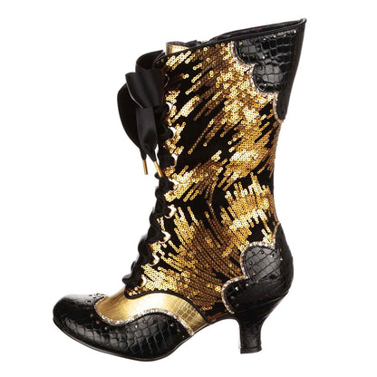 Black and Gold Sequin Round Toe Embossed Lace-Up Mid Calf Boots