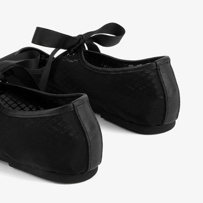 Women's Classic Black Closed-Toe Tie-Up Ballet Mesh Flats