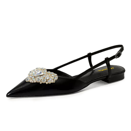 Women's Rhinestone Heart-Shaped Pointed Toe Black Slingback Flats
