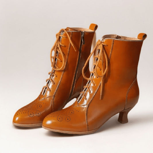 Vintage Brown Round Toe Spool Heel Lace-Up Ankle Boots with Zipper