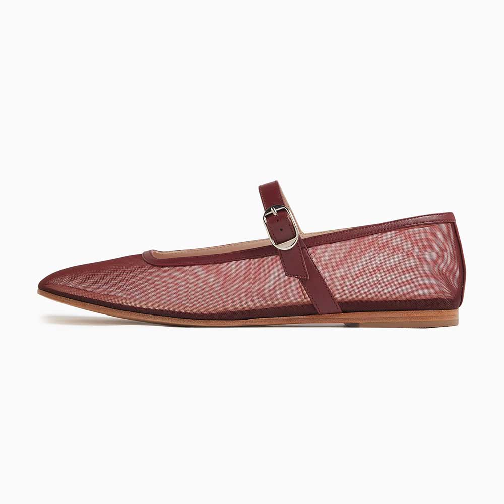 Mesh Square Toe Buckled Strap Mary Jane Ballet Flats in Maroon