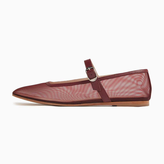 Mesh Square Toe Buckled Strap Mary Jane Ballet Flats in Maroon