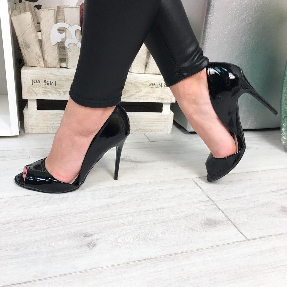 Black Patent Leather Peep Toe Stiletto Heels Double D'orsay Pumps