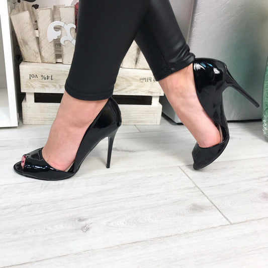 Black Patent Leather Peep Toe Stiletto Heels Double D'orsay Pumps