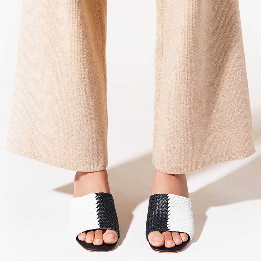 Black & White Woven Square Toe Block Heel Mules Sandals for Women