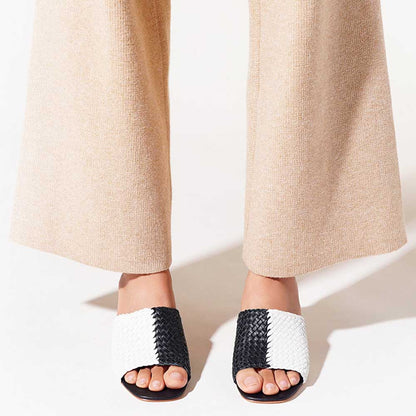Black & White Woven Square Toe Block Heel Mules Sandals for Women