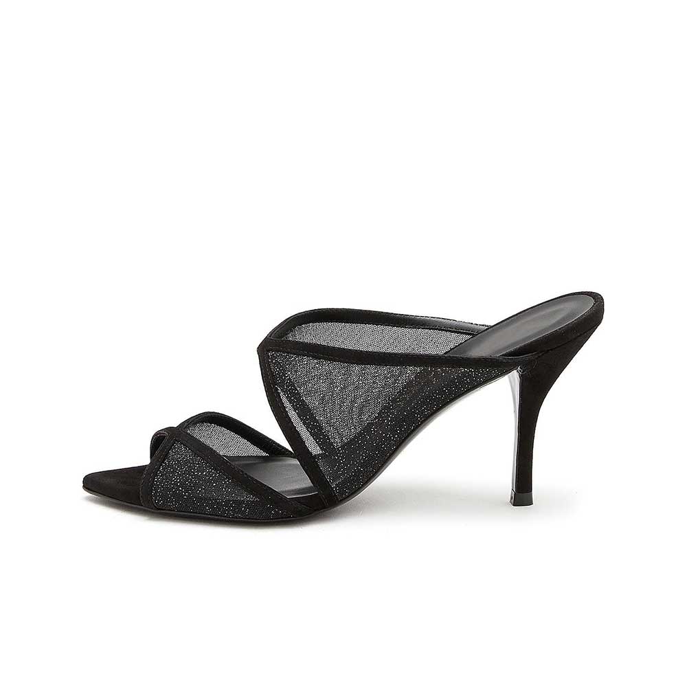 Black Mesh Evening Shoes Open Toe Stiletto Heel Mules for Women