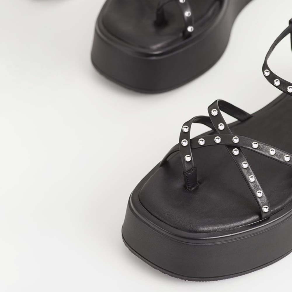 Black Summer Sandals With Platform Rhinestone Strapy Flats