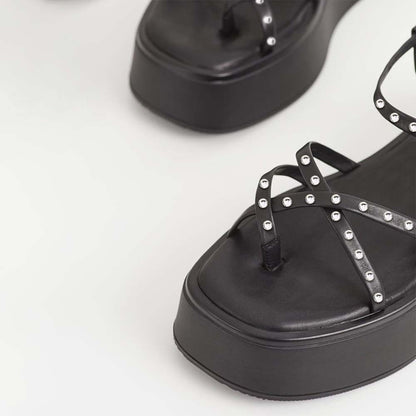 Black Summer Sandals With Platform Rhinestone Strapy Flats