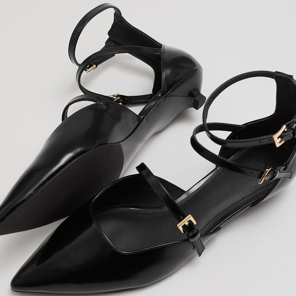 Women's Pointed Toe Buckle Multi-Strap Flat Black Pumps