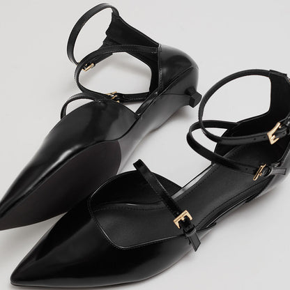 Women's Pointed Toe Buckle Multi-Strap Flat Black Pumps