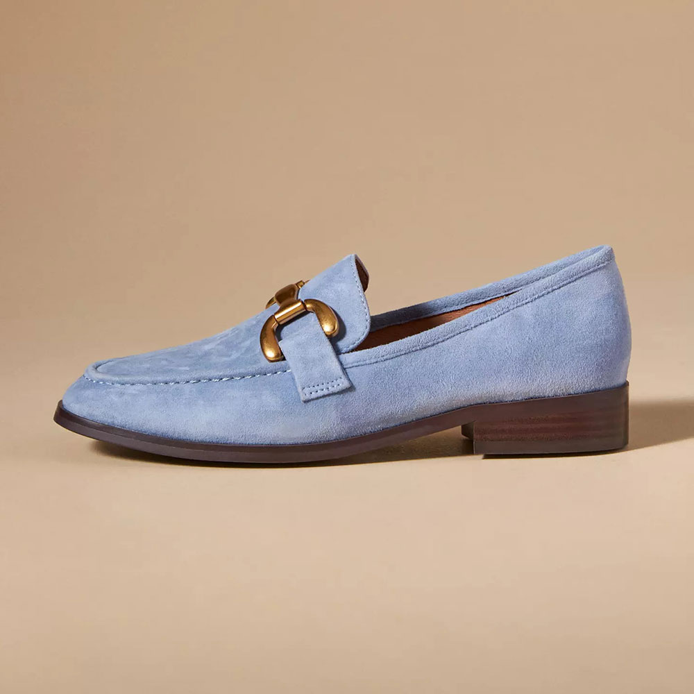 Blue Faux Suede Round Toe Flat Formal Loafers with Chain