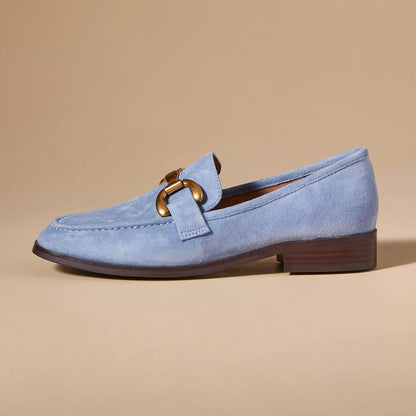 Blue Faux Suede Round Toe Flat Formal Loafers with Chain