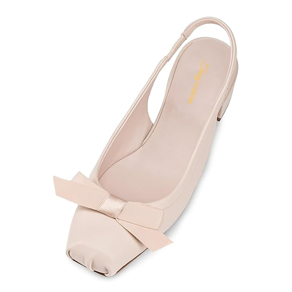 Women's Nude Square Toe Low Block Heel Slingback Pumps with Bow