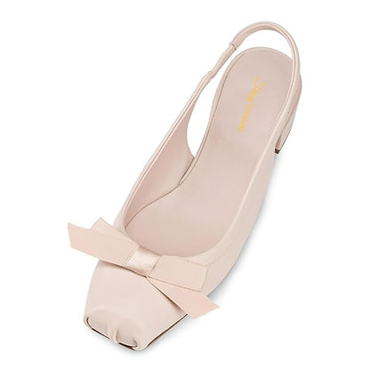Women's Nude Square Toe Low Block Heel Slingback Pumps with Bow