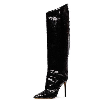 Black Sequined Stiletto Heel Zip Closure Pointed Toe Knee High Boots