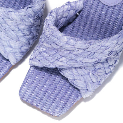 Light Purple Square Toe Twisted Strap Woven High Heel Mules for Women