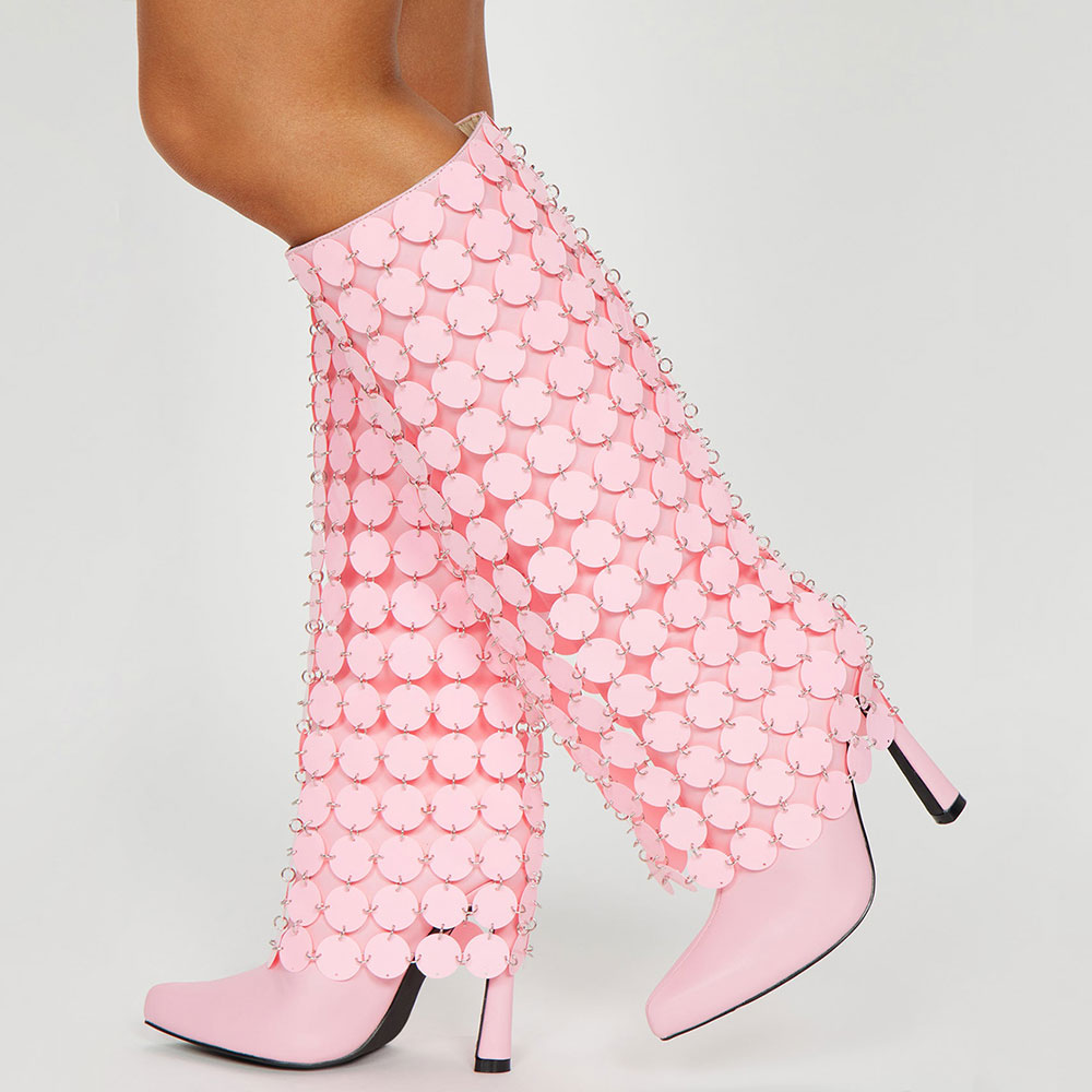 Pink Trendy Sequined Knee High Boots Pointed Toe Flared Heel Y2K Shoes