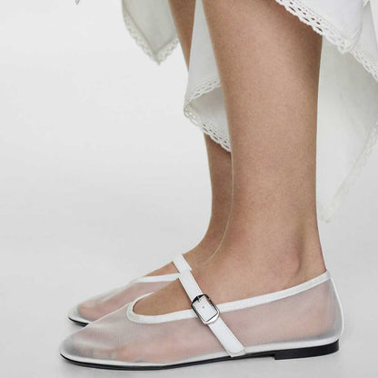 Women's White Mesh Sophisticated Buckle Strap Comfy Ballet Flats