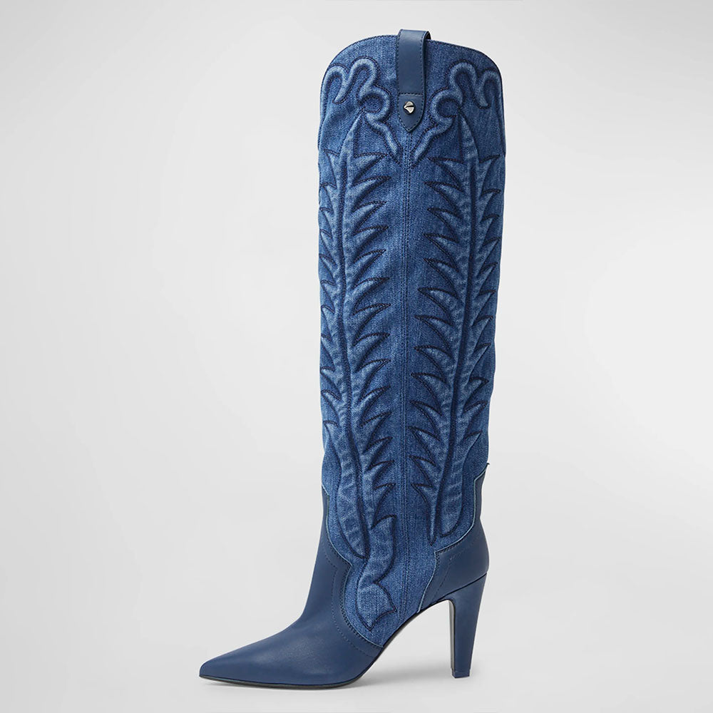 Blue Denim Pointed Toe Stitch Detailing Chunky Heel Knee High Boots