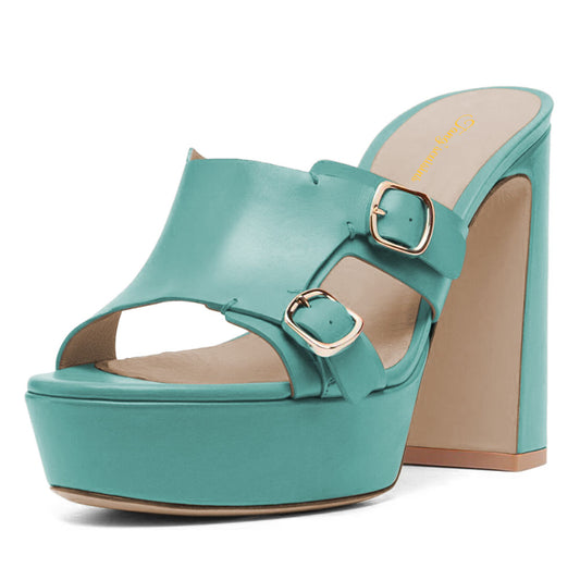 Turquoise Chunky High Heel Buckle Round Toe Platform Mules Sandals