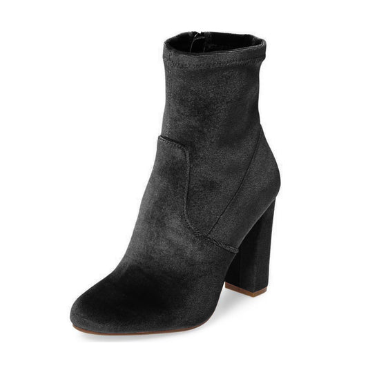 Women's Black Velvet Round Toe Ankle Boots with Chunky Heels