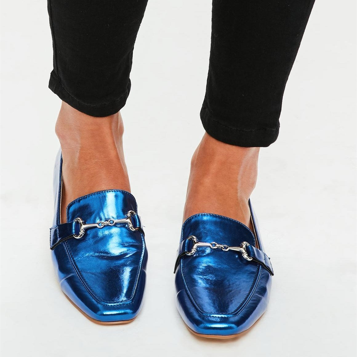 Royal Blue Metallic Finish Square Toe Flats Women's Loafers