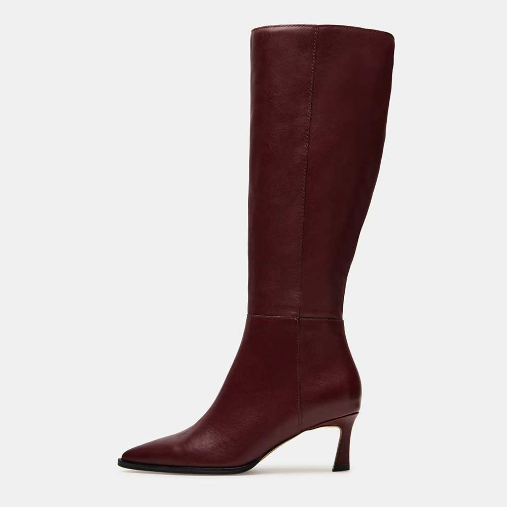 Maroon Vegan Leather Pointed Toe Kitten Heel Zipper Knee High Boots