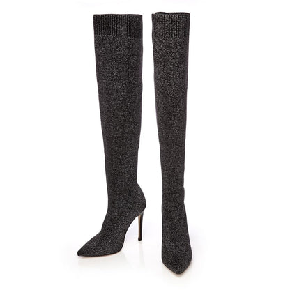 Black Fabric Stiletto Heels Long Boots Fashion Knee High Boots