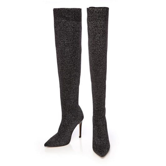 Black Fabric Stiletto Heels Long Boots Fashion Knee High Boots
