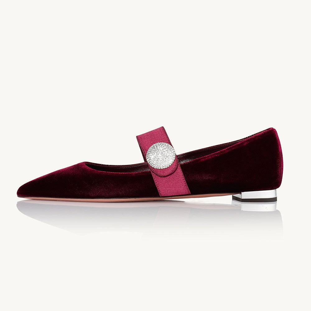 Maroon Velvet & Satin Pointed Toe Mary Jane Flats