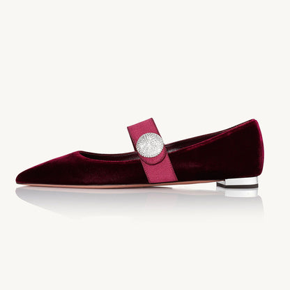 Maroon Velvet & Satin Pointed Toe Mary Jane Flats