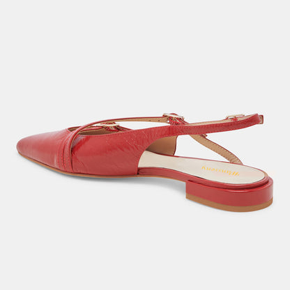 Red Vegan Leather Buckle Strappy Pointed Toe Flats with Slingback